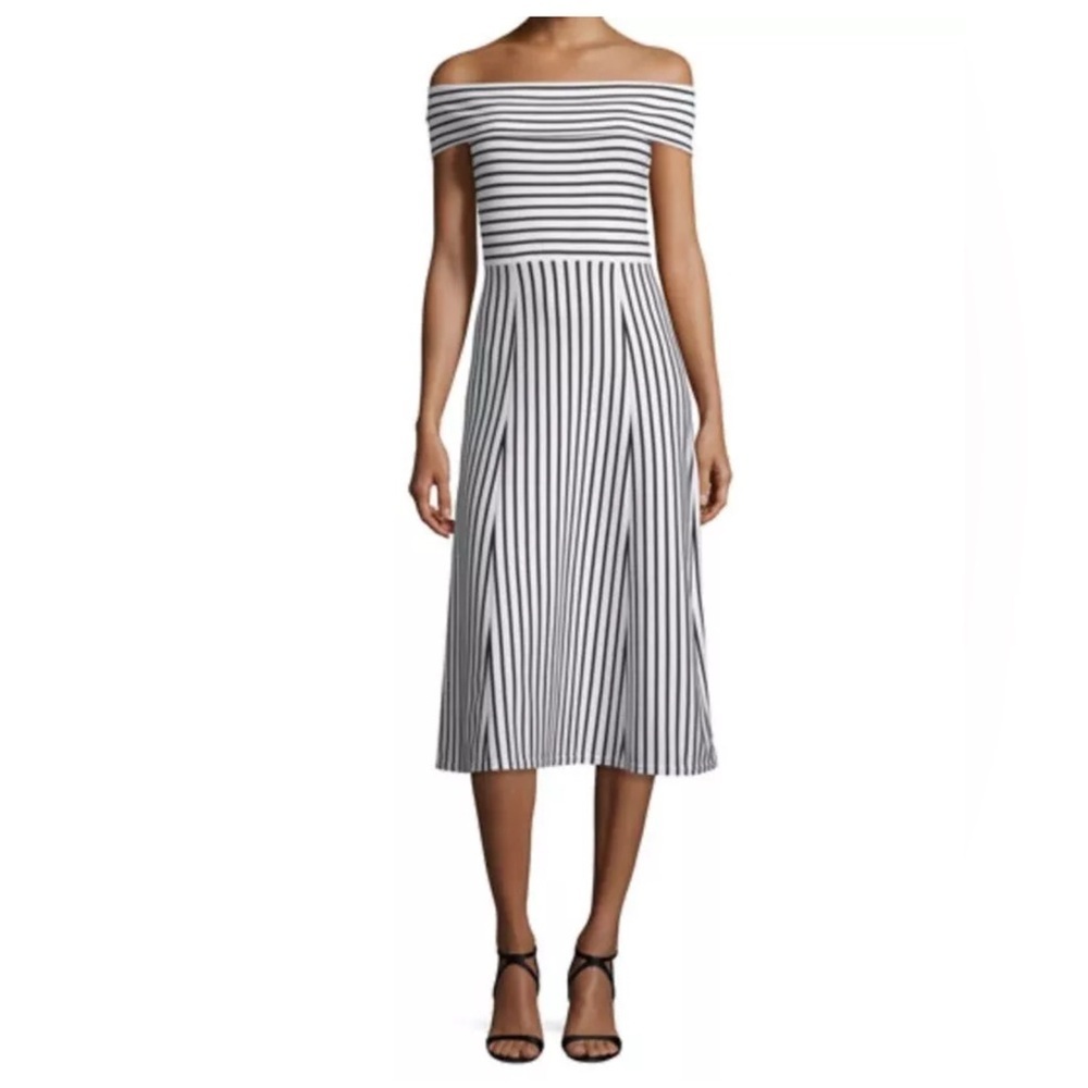 Derek Lam off shoulder knit striped dress midi M white black